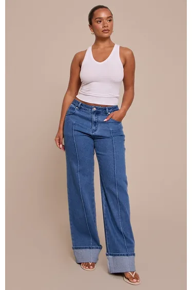 Shape Dark Blue Highwaisted Stretch Denim Pintuck Turn Up Hem Wide Leg Jeans