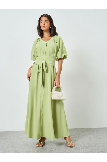 Green Front Tie-Up V Neck Maxi Dress