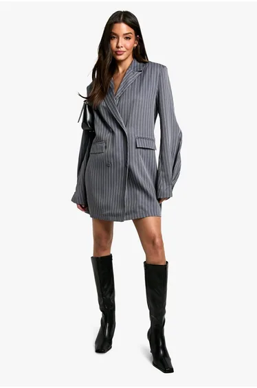 Stripe Woven Pocket Front Oversized Blazer Dress - charcoal