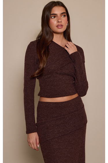 Brown Brushed Rib Asymmetric Long Sleeve Top