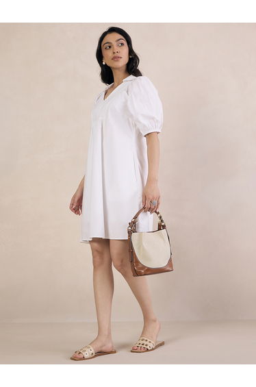 White Poplin V-Neck A-Line Mini Dress