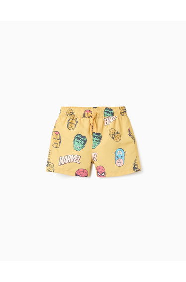Swim Shorts With Marvel Motif And Drawstring For Boys, Yellow