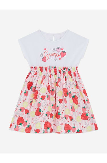 Guess Girls Mixed Fabric Strawberry Dress in Pink