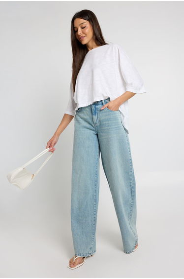 Sheer Slub Curved Hem Oversized T-Shirt - white