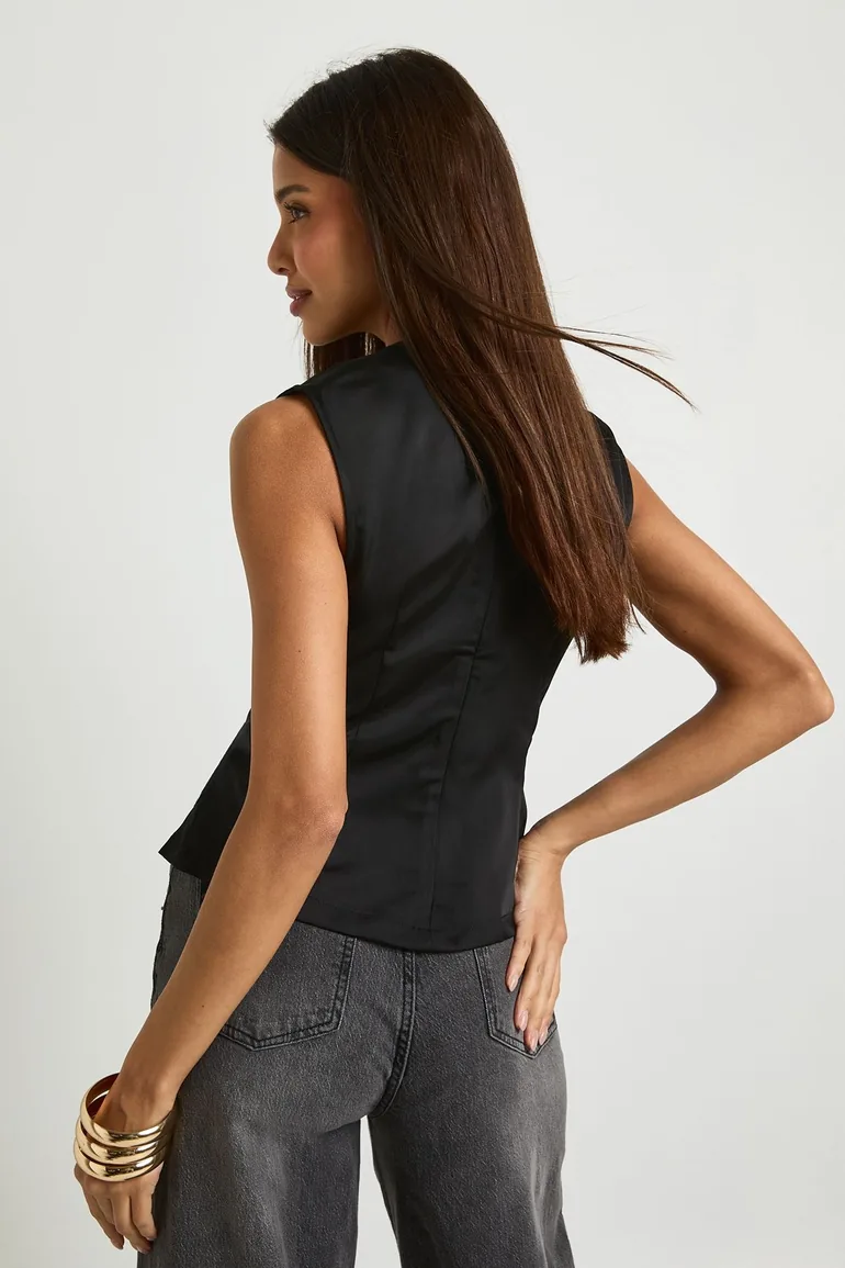 Gold Trim Satin Sleeveless Top - black - 1