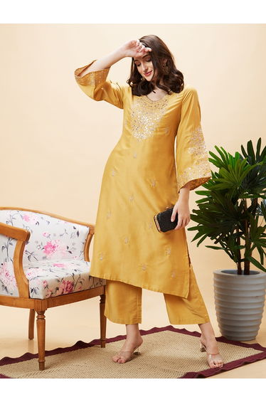 Embroidered V-Neck Straight Kurta with Palazzo Set