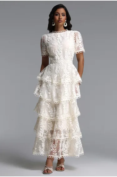 Yedda Resort Flowy Round Neck Short Sleeve Floral Embroidered Woven Maxi Dress