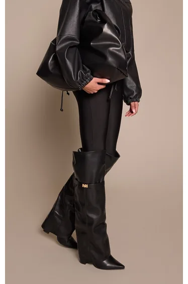 Black Faux Leather Block Heel Over The Knee Boots