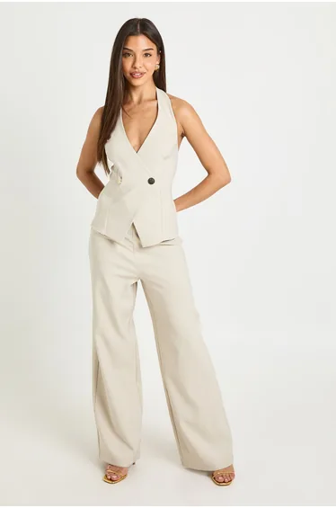 Crepe Gold Button Wrap Front Jumpsuit - stone