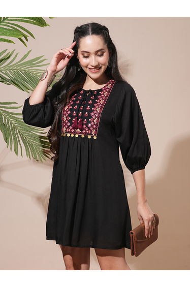 Black Embroidered Yoke Workwear Mini Dress
