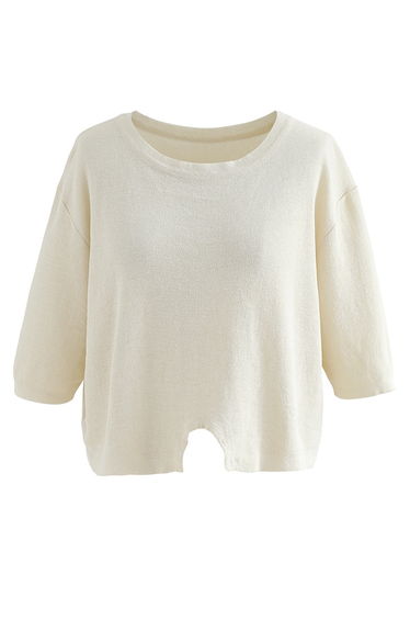 Round Neck Rib Knit Cropped Top in Cream