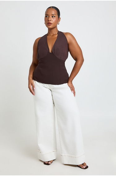 Plus Mesh Halterneck Bengaline Top - chocolate