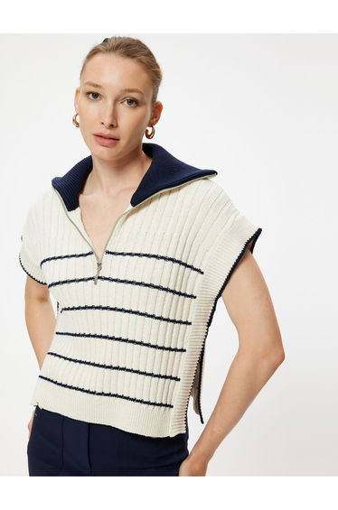 Knitwear Polo Neck Sweater with Half Zipper and Side Window Detail