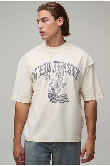 Ecru Oversized Boxy Exposed Seam New Jersey Print T-Shirt - ecru
