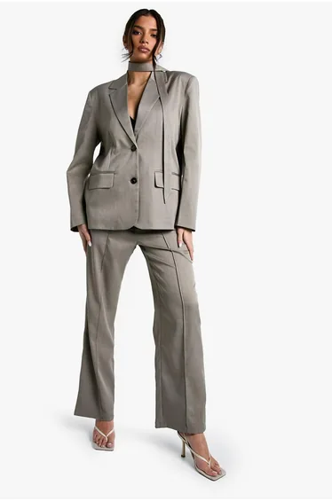 Tailored Seam Detail Straight Leg Trousers - taupe