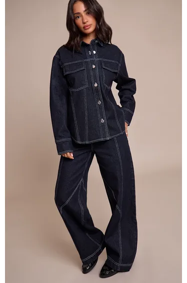 بنطلون جينز بأرجل عريضة لون كحلي - للمقاسات الصغيرة