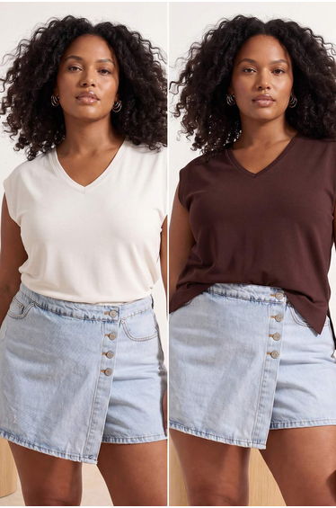 Brown-White 2-Pack Oversize Fit Basic Plus Size T-Shirt