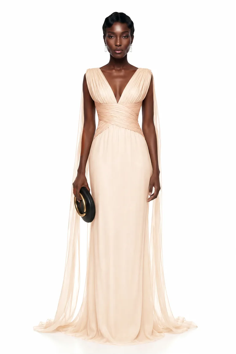 Alcyone Beige Plunge Neck Ruched Maxi Dress