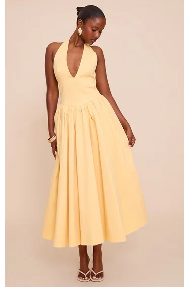 Lemon Halterneck Tie Detail Ruched Midaxi Dress