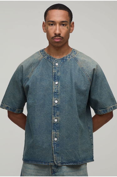 Oversized Denim Baseball Shirt - stonewash