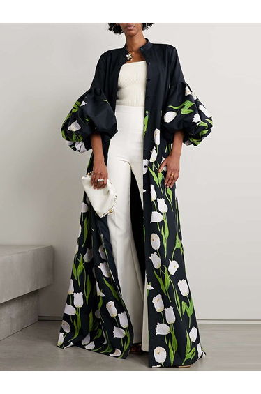 Long Sleeves Loose Floral Floral Printed Pleated Split-Joint Stand Collar
