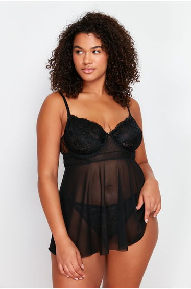Black High Waist Underwire Babydoll