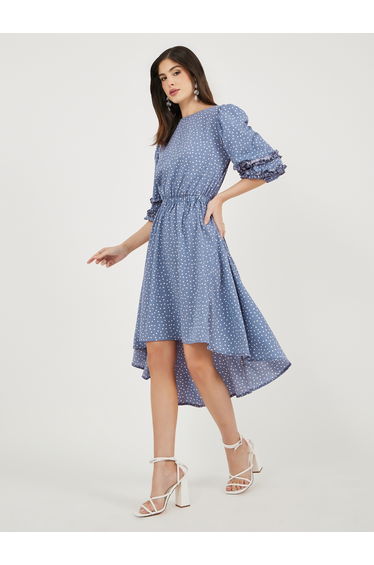 Polka Dot Print Asymmetric Hem Puff Sleeves Midi Dress