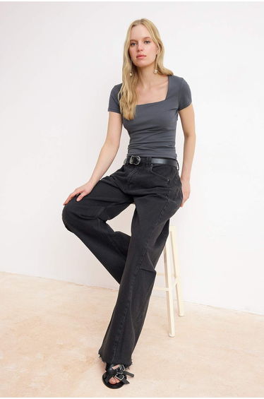 Anthracite Square Neck Fitted/Bodycon Knitted Blouse