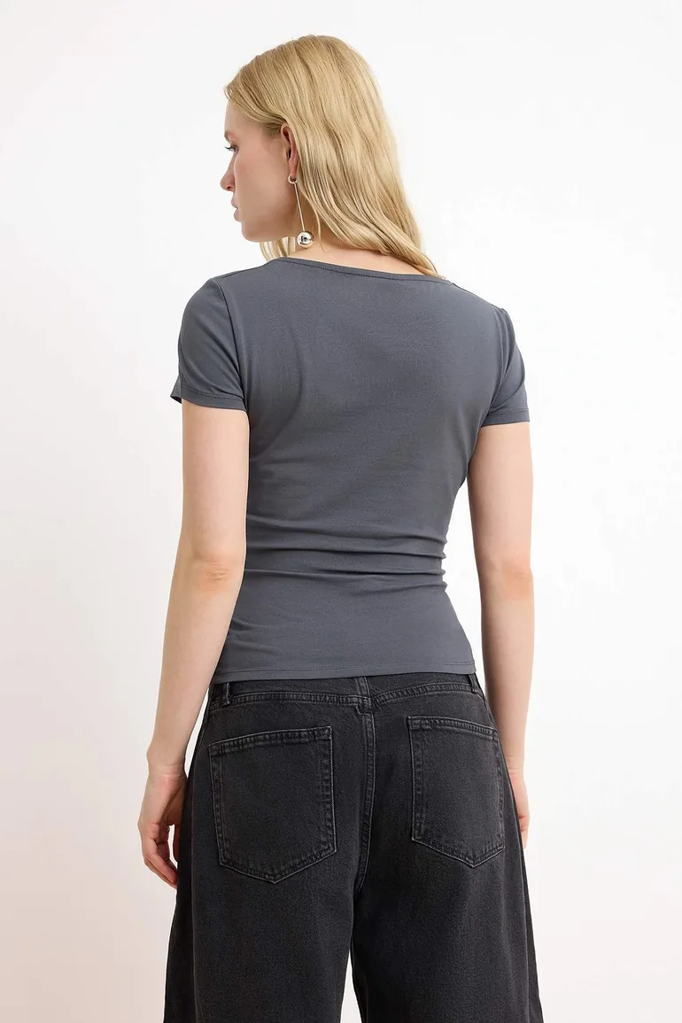 Anthracite Square Neck Fitted/Bodycon Knitted Blouse - 3