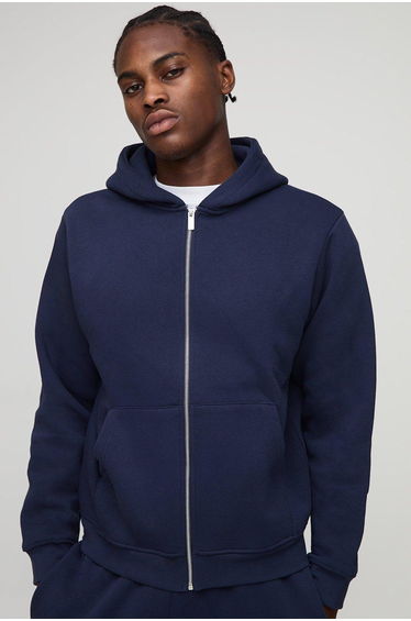 Basic Regular Zip Through Hoodie - navy