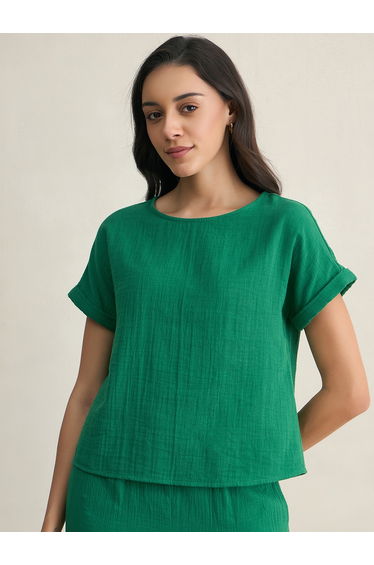 Solid Crinkled Turn-Up Sleeve Top