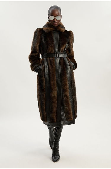 Faux Fur PU Panelled Belted Midi Coat