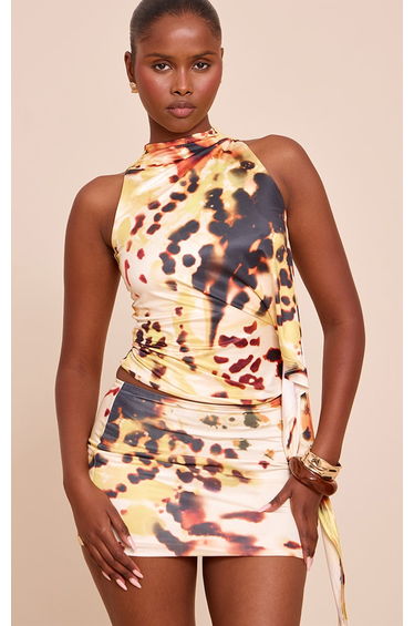 Multi Abstract Print Double Layer Slinky Drape Detail High Neck Top