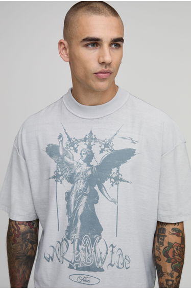 Washed Grey Oversized Boxy Exposed Seam Renaissance Print T-Shirt - washed grey
