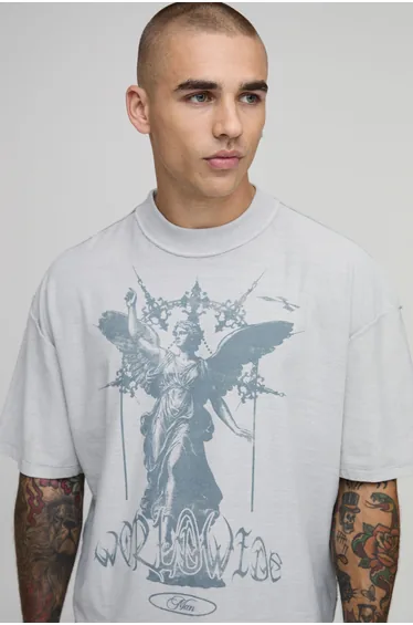 تيشيرت بتصميم واسع عريض بطبعة - رمادي