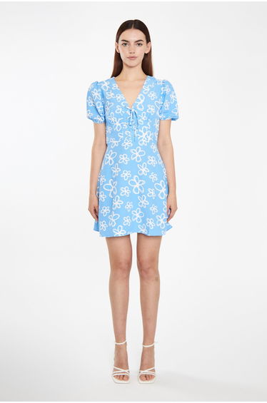 Blue Scribble-Daisy Lace-Up Front Mini-Dress