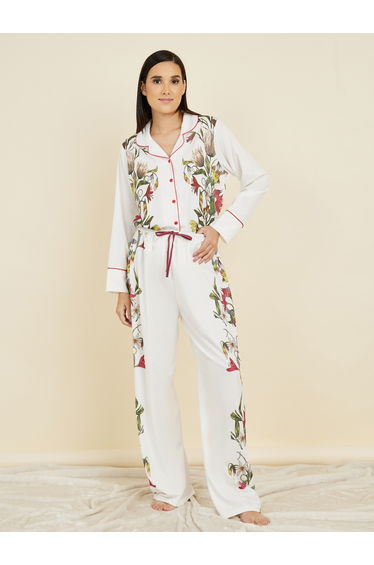 Satin Floral Print Piped Trim Detail Shirt and Pyjama Set