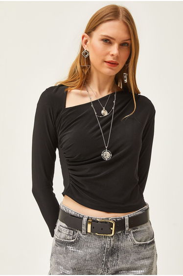 Women's Black One-Shoulder Lycra Sandy Blouse