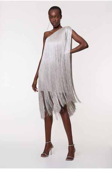 Figure Form Bandage One Shoulder Fringe Mini Knit Dress