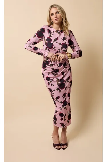 فستان ميداكسي مزموم بطبعة أزهار - بألوان متعددة