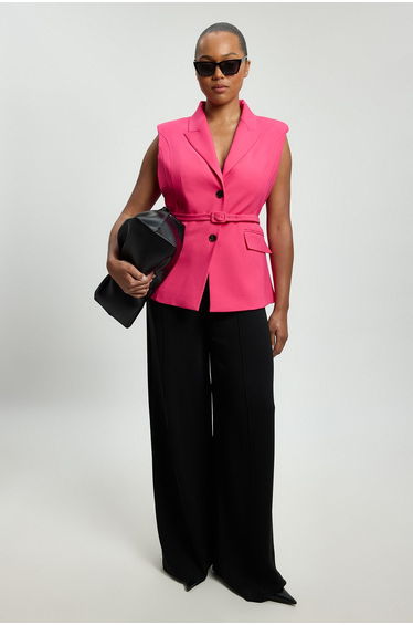 Plus Size Tailored Structured Crepe Belted Sleeveless Blazer