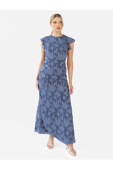 Anaya With Love Storm Blue Flutter Sleeve Maxi Dress with Self-Tie Back