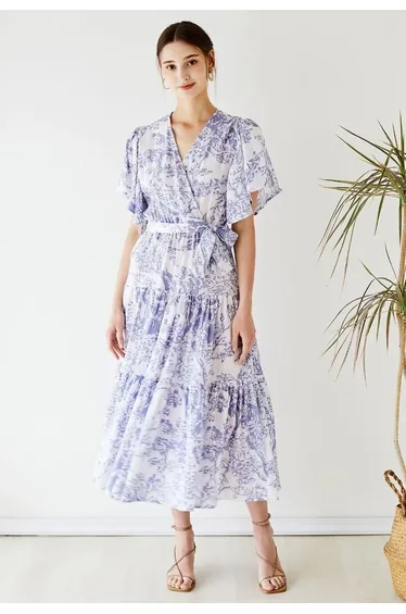 Branch Printed Flutter Sleeve Faux-Wrap Dress