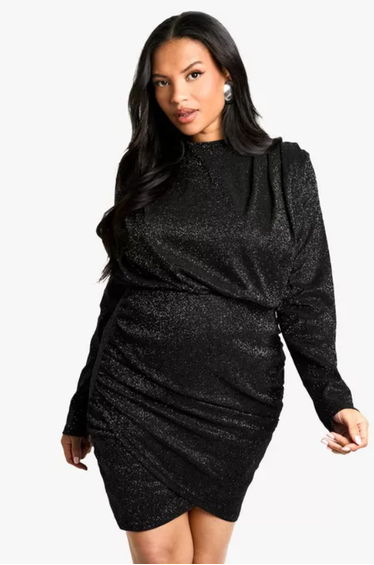 Plus Shoulder Pad Ruched Glitter Dress - black