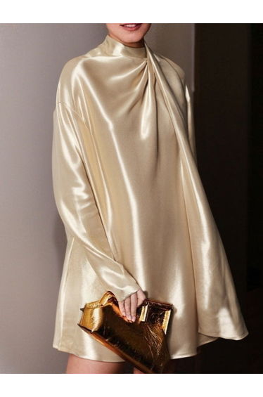 Long Sleeves Loose Shiny Solid Color High Neck Mini Dresses