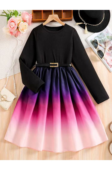 Girls Amber Print Belted Mesh Hem Dress