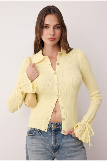 Yellow Mercerized Look Ribbed Polo Collar Knitwear Cardigan