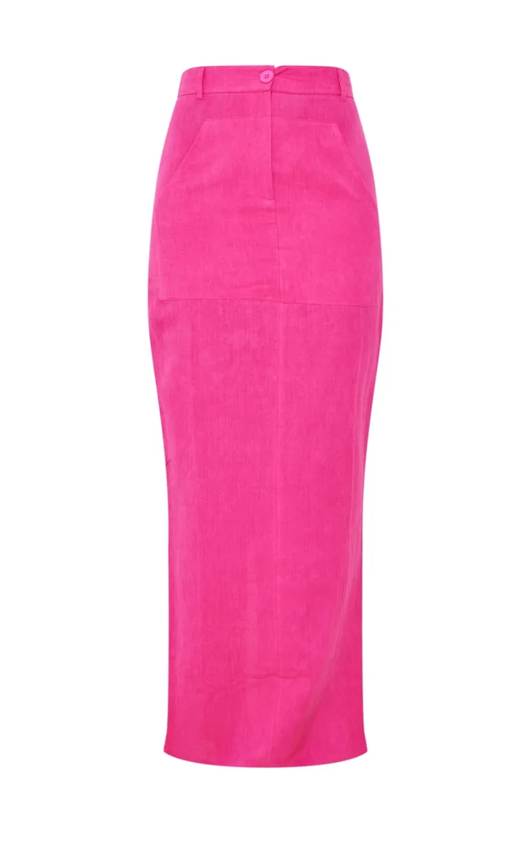 Hot Pink Woven High Waist Split Hem Maxi Skirt - 4