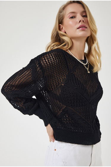 Women's Black Openwork Seasonal Knitwear Sweater