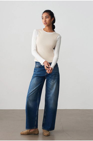 Dilvin Fitted Cotton Crew Neck Long Sleeve Blouse